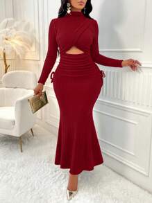 Amarilo Women's Elegant Mock Neck Cut Out Ruched Long Sleeve Mermaid Dress With Pleats, Perfect For Banquets