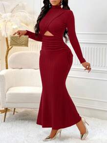 Amarilo Women's Elegant Mock Neck Cut Out Ruched Long Sleeve Mermaid Dress With Pleats, Perfect For Banquets