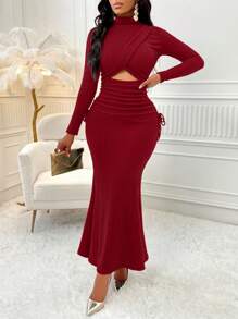 Amarilo Women's Elegant Mock Neck Cut Out Ruched Long Sleeve Mermaid Dress With Pleats, Perfect For Banquets