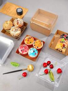 10/12 件纸质熟食盒，带透明盖子，粉色/棕色/白色饼干盒甜点盒一次性食品容器，用于三明治、蛋糕片、纸杯蛋糕、巧克力草莓、厨房配件烘焙用品厨房整理和储存 - 彩色 - 查看 3