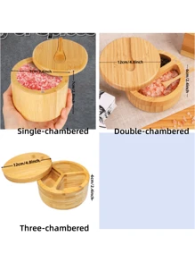 Bamboo Small Salt And Pepper Bowls, Divided Salt Cellar With Swivel Lid And Spoon, Seasoning Containers With Magnetic Lid To Keep Dry, Mini Spoon Built Into Top - Bamboo - View 2