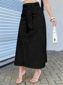 EMILI LLANAMODA Women's Linen Midi Skirt With Stitching Detail - màu đen - Xem 1