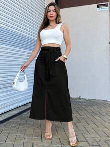 EMILI LLANAMODA Women's Linen Midi Skirt With Stitching Detail - màu đen - Xem 2