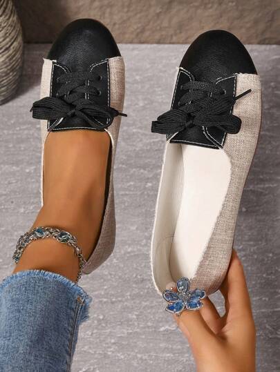 Women 2024 Autumn New Casual Flat Lace-Up Low Vamp Loafers, Student Shoes