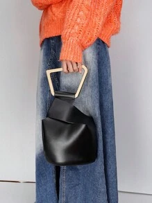 适合职场女孩和女性的优雅手提包，适合办公室、商务旅行和通勤的时尚不对称水桶包，复古个性化女包 - 黑色 - 查看 4