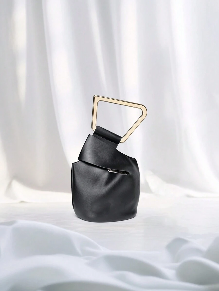 适合职场女孩和女性的优雅手提包，适合办公室、商务旅行和通勤的时尚不对称水桶包，复古个性化女包 - 黑色 - 查看 1
