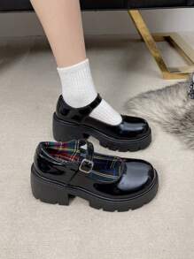 女士黑色漆皮厚底乐福鞋，校园百搭鞋，玛丽珍鞋