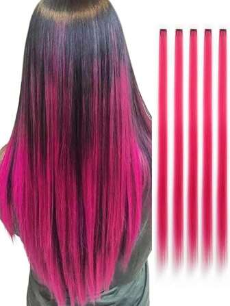 Extensiones de cabello con clip sintéticas para fiestas de Halloween y el día de Navidad 20 pulgadas 5 piezas/paquete Extensiones de cabello con destellos de arcoíris resistentes al calor Extensiones de cabello con destellos color rosa intenso Extensiones de cabello tejidas con clip sintéticas para cabello liso para mujeres, fiestas de disfraces y estilo Y2K