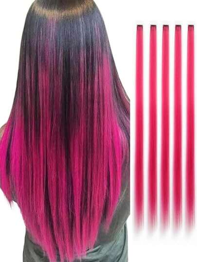 Halloween Party And Christmas Day Synthetic Extension Clip Hair 20 Inch 5 Pieces/Pack Flash Hair Extensions Rainbow Sparkle Flash Hair Strands Heat Resistant Flash Hair Extensions Hot Pink Synthetic Woven Clip-In Hair Extensions For Straight Hair For Women Cosplay Parties And Y2K-Style Hair