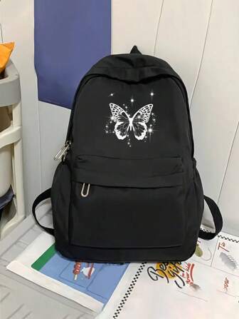 1pc Butterfly Print Backpack, New Fashionable Y2K Cartoon Style, Large Capacity For College Students, Unisex Shoulder Bag, Suitable For Cosmetics, Messenger, Bookbag, Essential School Supplies, Valentine's Day Gift