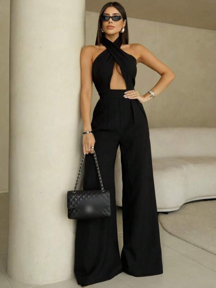 WOMEN'S LONG FLARE PANTALON JUMPSUIT OPEN BACK CROSS NECKLINE TAILORING - Negro - Ver 1