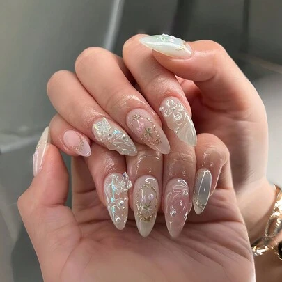 24 miếng dán móng tay hình quả hạnh nhân dài với pha lê, bướm, ngọc trai, 1 miếng gel móng tay, 1 miếng đệm móng tay, dụng cụ làm móng