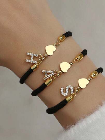 全新时尚心形首字母吊饰手链女式密镶锆石 A-Z 可调节绳多色手链女士珠宝礼物情人节、妈妈、母亲、母亲节、礼物