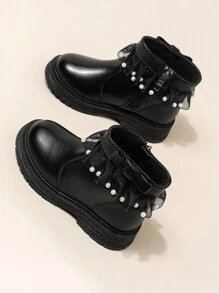 Girls' Pearl Decor Leather Boots, Children Short Boots, Soft Sole British Style Cute Ankle Boots, Autumn/Winter - Black - View 5