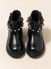 Girls' Pearl Decor Leather Boots, Children Short Boots, Soft Sole British Style Cute Ankle Boots, Autumn/Winter - Black - View 1