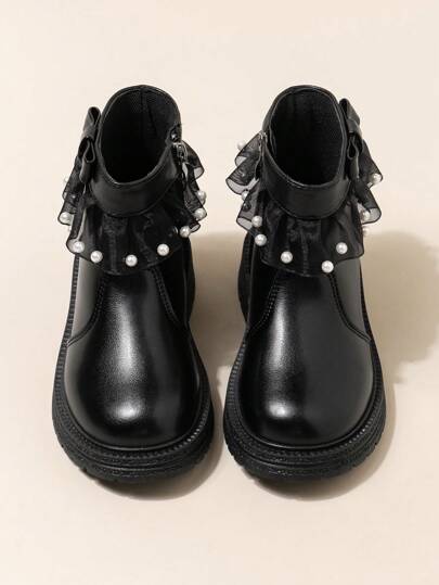 Girls' Pearl Decor Leather Boots, Children Short Boots, Soft Sole British Style Cute Ankle Boots, Autumn/Winter