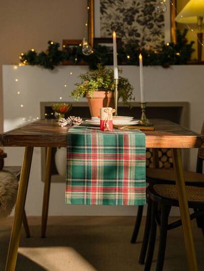 1 件渐变格子圣诞桌旗，涤纶布桌旗，圣诞装饰，波西米亚农舍乡村风桌旗，优雅的矩形桌旗，抗皱，防滑，绿色节日氛围家居装饰，非常适合圣诞装饰、餐厅派对装饰、餐桌装饰