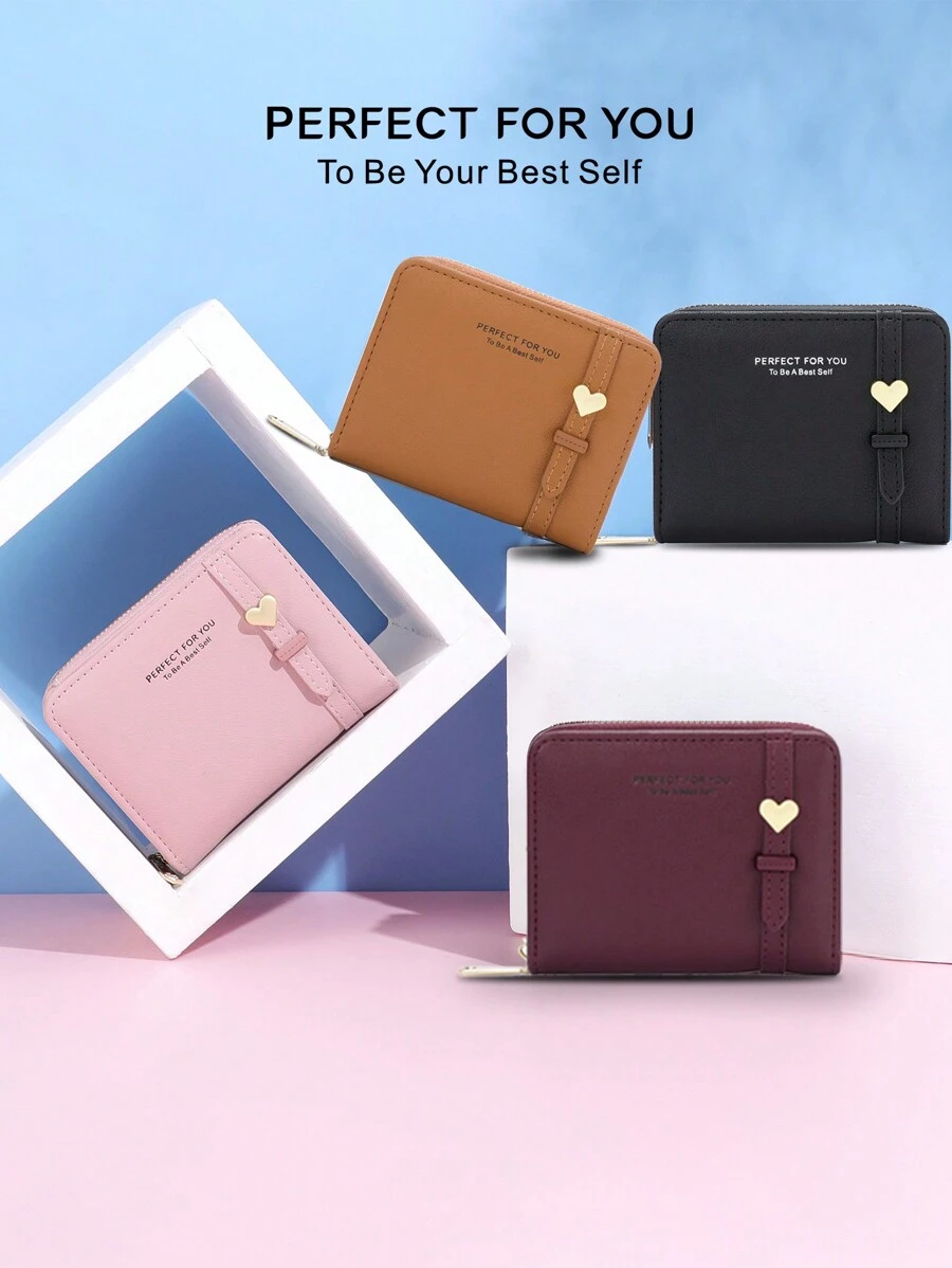 PFY PERFECT FOR YOU Slogan Graphic Litchi Embossed Heart Decor Coin Purse Portable Money Cash White-Collar Workers For Female College Work Business Commute Office For Anniversary For Birthday Gift On Valentine Day Gift Heart Purse Business Casual - Black - View 1