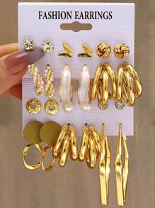 10-22 件时尚优雅复古仿珍珠花朵蝴蝶结心形几何圆形不对称夸张金属耳环套装，适合节日聚会约会日常佩戴礼物 - 金黃色 - 查看 5