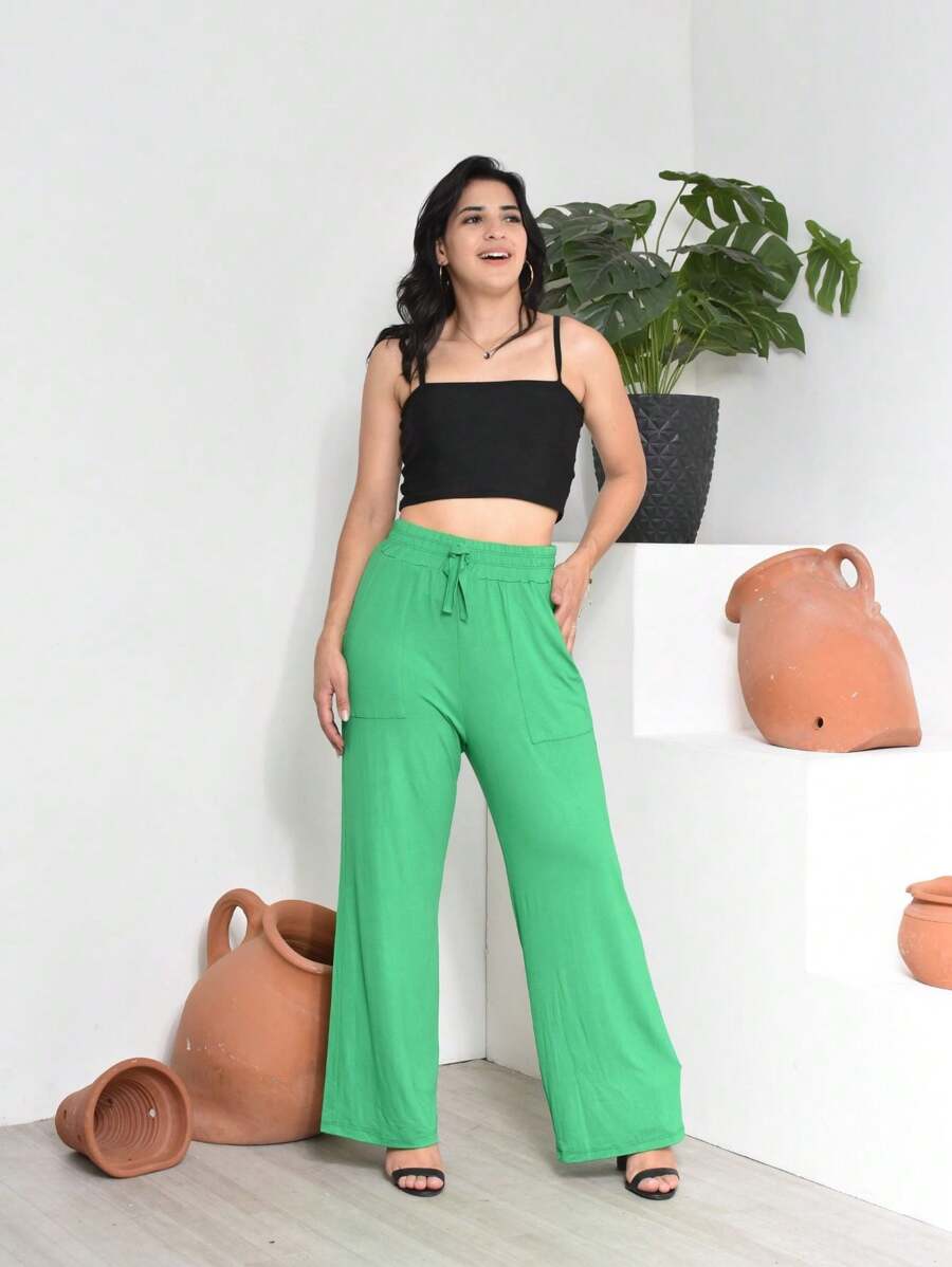 WOMEN'S HIGH WAIST PANTALON PANTS IN VISCOLYCRA KNIT - màu xanh lá - Xem 1