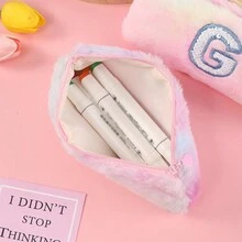渐变色可爱女孩毛绒八角形铅笔盒，学生时尚铅笔袋 - G - 查看 3