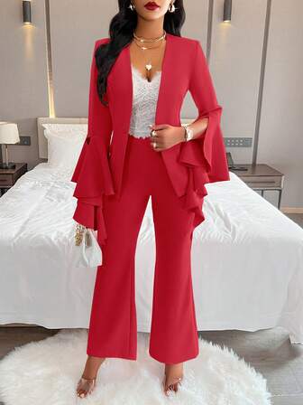 Traje elegante con chaqueta de manga de campana y pantalones acampanados de unicolor, moda y sexy para mujer en primavera y otoño