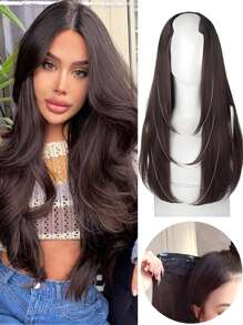 合成女士 V 形长发接发，合成假发，分层接发，蓬松顶垫可增加发量 - 黑棕色 - 查看 2