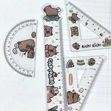 4pcs/One Set, Plastic Color Cartoon Capybara Ruler, A Set Of Ruler Test Drawing Four-Piece Ruler, Plastic Color Cartoon Ruler Triangle Board, School Supplies, Kawaii Stationery - Multicolor - View 11