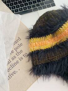 1buc drăguț corn de diavol Y2K colorblock cu dungi Fuzzy Earmuff tricot pălărie beanie, căciulă caldă de pluș cu cravată, balaclava
