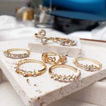 7pcs/Dainty Gold Stackable Rings Set Heart Crystal Thin Band Stacking Rings Bohemian Cute Matching Jewelry For Women Daily Gift - Multicolor - View 5