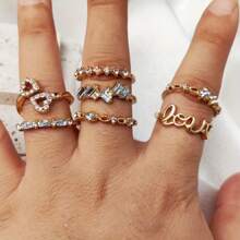7pcs/Dainty Gold Stackable Rings Set Heart Crystal Thin Band Stacking Rings Bohemian Cute Matching Jewelry For Women Daily Gift - Multicolor - View 4