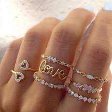 7pcs/Dainty Gold Stackable Rings Set Heart Crystal Thin Band Stacking Rings Bohemian Cute Matching Jewelry For Women Daily Gift - Multicolor - View 1