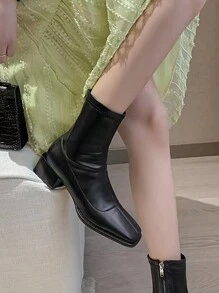 2025秋冬春秋季新款女方头短靴法式粗跟中跟弹力修身靴