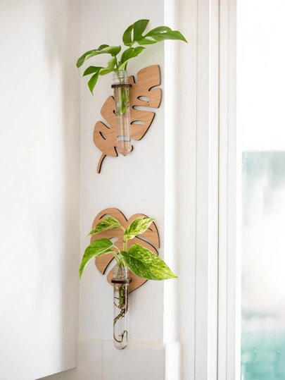 1 件装新款叶形木质空心植物迷你花瓶透明水培绿花盆壁挂装饰吊坠，可作为节日礼物客厅阳台绿植装饰