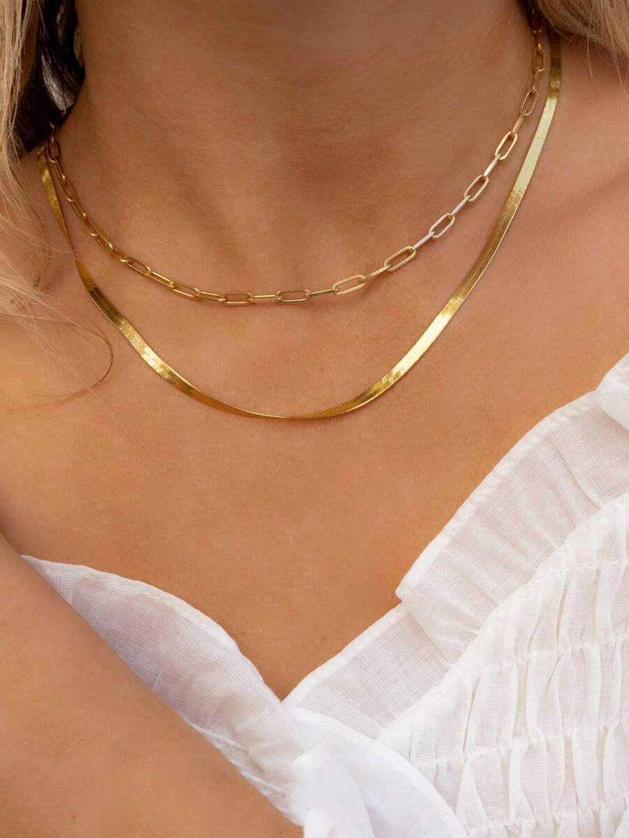 2 pezzi Set Di Collana Con Fermaglio In Acciaio Inossidabile E Lama Di Coltello A Strati, Adatto Per Ragazze E Donne - Dorato - Visualizzare 1