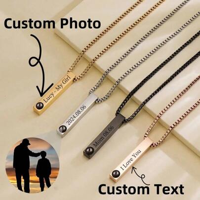 Anpassat fotoprojektionshalsband, rektangel i rostfritt stål med lasergraverat hängsmycke, minnespresent