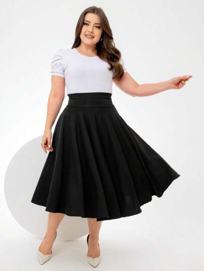 Saia Midi Godê Preta/Preto Lisa Moda Feminina Cristã