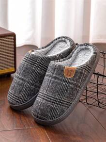 Men's Light Gray Simple Houndstooth Print Letter Decor Indoor Slippers, Warm For Bedroom & Office Use In Autumn Winter - Light Grey - View 3