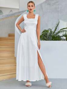 Vestido elegante y sencillo para fiesta, boda o cóctel con volantes y abertura lateral, color liso - Blanco - Ver 4