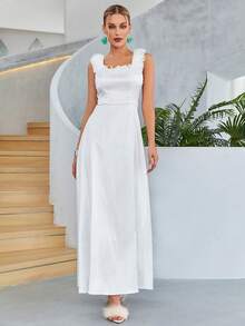 Vestido elegante y sencillo para fiesta, boda o cóctel con volantes y abertura lateral, color liso - Blanco - Ver 2