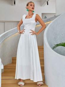 Vestido elegante y sencillo para fiesta, boda o cóctel con volantes y abertura lateral, color liso - Blanco - Ver 3