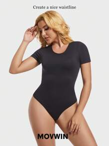1 pieza Body negro sin costuras para mujer con escote de cuello y manga corta, sexy body-tanga
