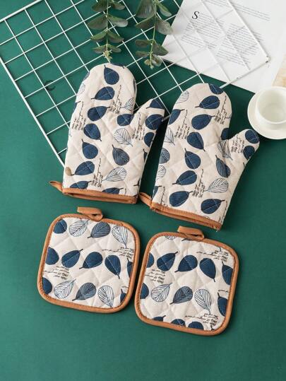 2pcs/4pcs Thickened Quilted Washable Heat Resistant Oven Gloves And Pot Holders Set, Leaf Pattern, For Kitchen Baking Cooking