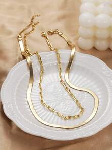 2 pezzi Set Di Collana Con Fermaglio In Acciaio Inossidabile E Lama Di Coltello A Strati, Adatto Per Ragazze E Donne - Dorato - Visualizzare 3