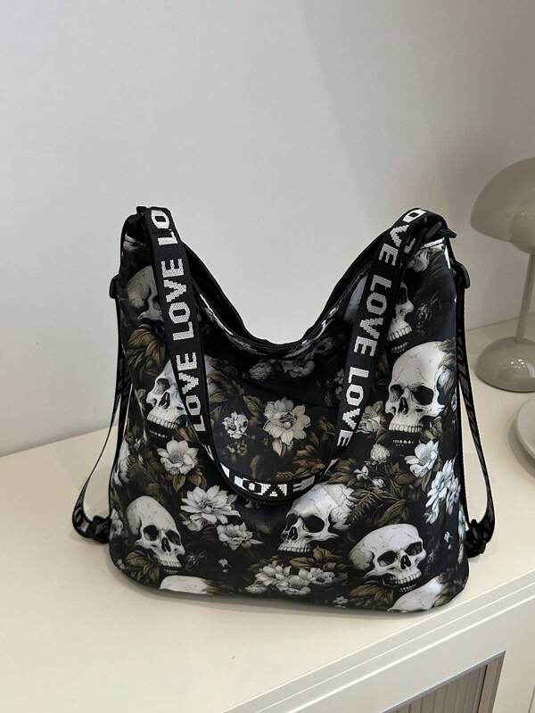 Vintage Casual Skull Pattern Polyester Tote Bag, Large Capacity Minimalist Shoulder Bag, Suitable For Women Shopping, Street, Travel And Daily Use, Halloween Bags Perfect For Fancy Party Matching With Halloween Costumes, Best Halloween Gifts For Women
