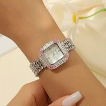 1 Đồng hồ đeo tay thạch anh vuông thời trang dành cho nữ bằng kim loại đồng tông màu bạc, thích hợp sử dụng hàng ngày - Bạc - Xem 6