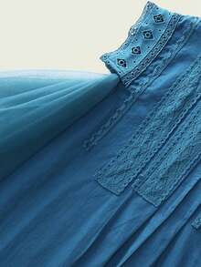 1 pieza Vestido casual para niñas de unicolor con diseño de encaje sin mangas, verde, cómodo corte con malla transpirable empalmado, para verano. - Azul Cadete - Ver 4