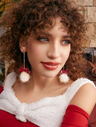 1pair Elegant Christmas Reindeer Fluffy Pom Pom Earrings, Suitable For Women Daily Wear