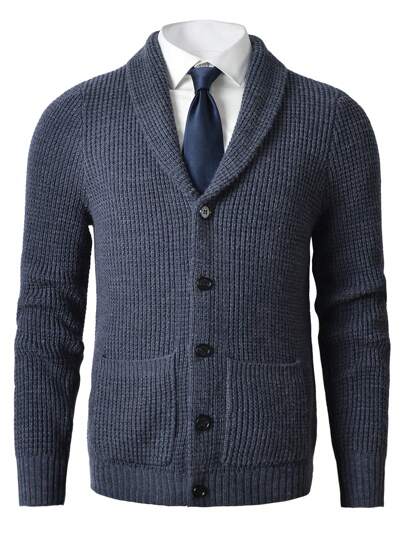Shi Leisure Thick Knitted Shawl Collar Cardigan Sweater Pocket Jacket