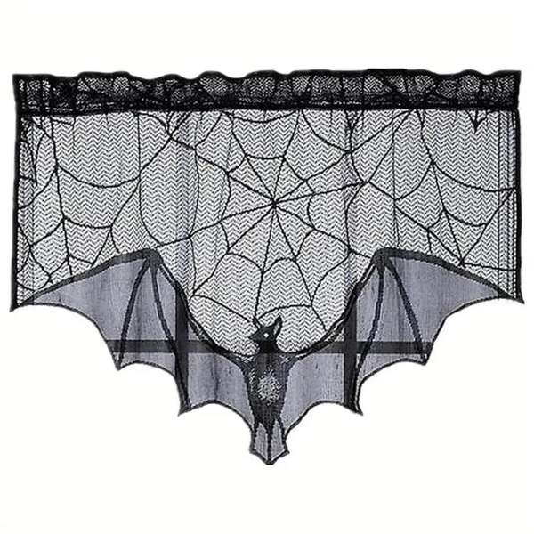 1pc Black Lace Goth Halloween Bat Window Curtain, Spider Web Skull Door Panel Decor For Spooky Halloween Party Home Decoration